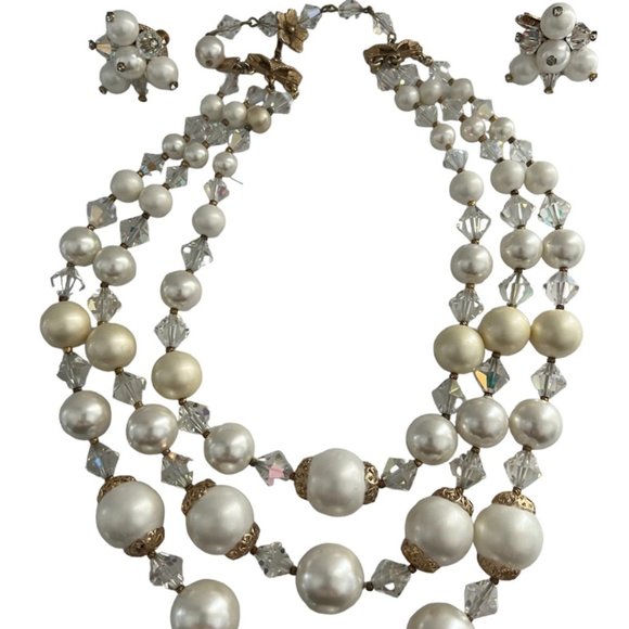 Vintage Vendome 3 Strand Faux Pearl AB Crystal Gold Filigree Necklace Earrings - Picture 2 of 15